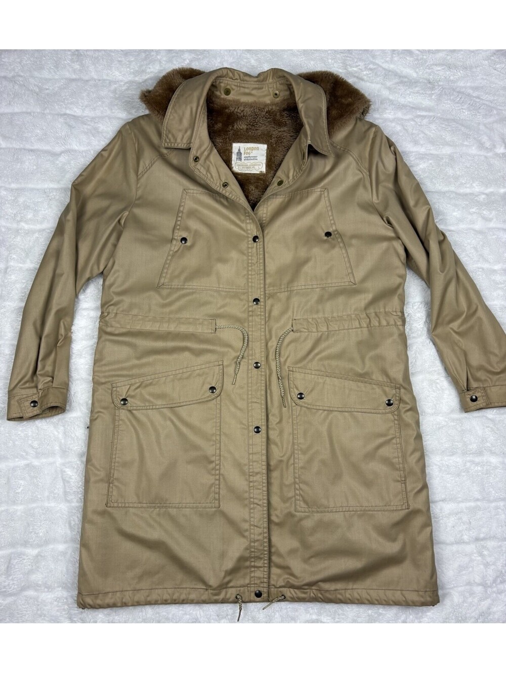 Vintage London Fog Parka Coat Womens 13/14 Khaki Tan Faux Fur Lined Hooded Long